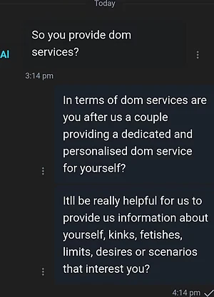 “We don’t just Dom — we listen. Every sub is different, every filthy mind deserves to be understood. Tell us your limits, kinks, and desires… we’ll make sure you get exactly what you crave 👅💦 Couple Dom service. Custom, filthy, personal. Who’s next?”